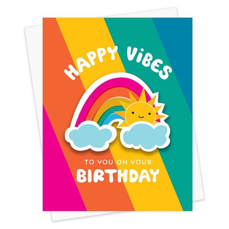 Happy Rainbow Vibes Birthday Sticker Card - Unique Gift by Night Owl Paper Goods