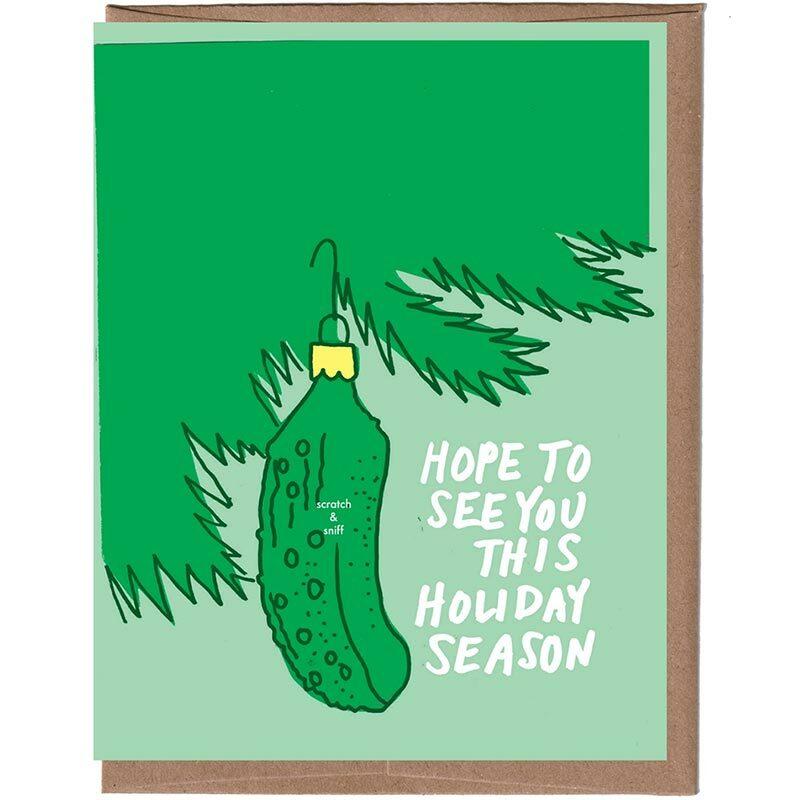 Scratch & Sniff Pickle Christmas Card - Unique Gift by La Familia Green